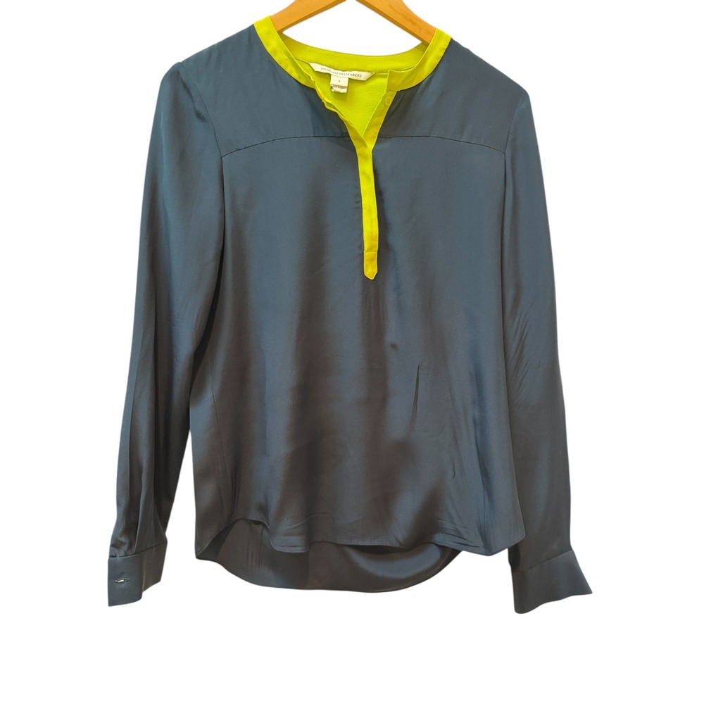 DIANE VON FURSTENBERG Silk Navy Lime Green Colorblock Long Sleeve Blouse  Size 2